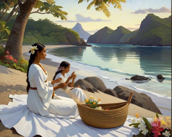 Coastal Scene of Women Crafting Floral Arrangements