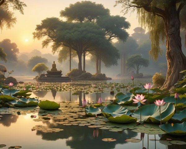 Serene Dawn Landscape with Lotus Pond and Buddha Statue