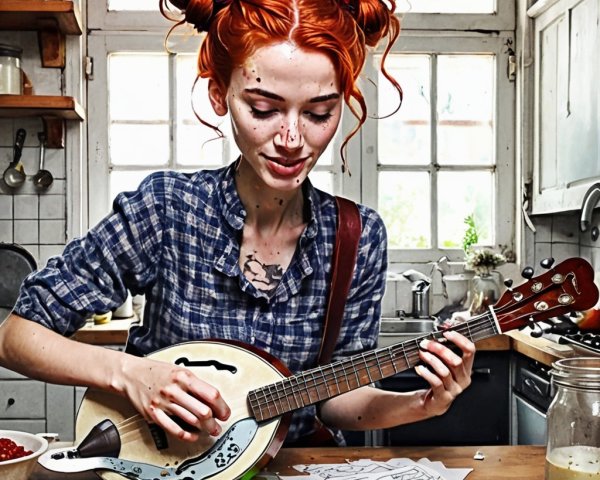 Young woman with red hair playing instrument in kitchen