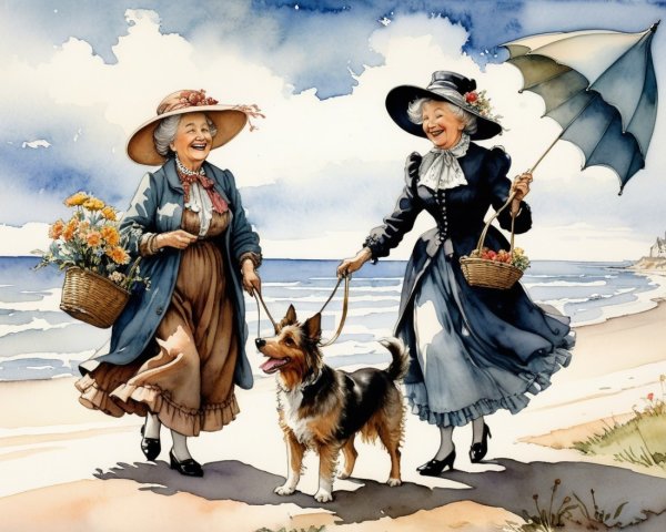 Elderly Women with Flowers Strolling on a Beach