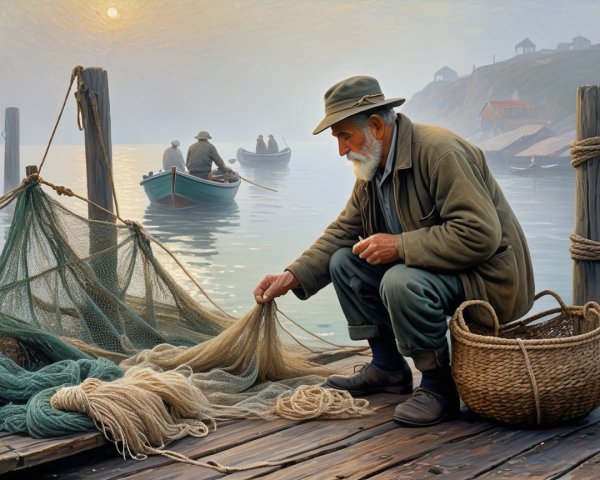 Elderly Fisherman Mending Nets at Sunrise by Dock