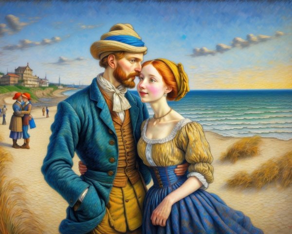 19th-Century Romantic Beach Scene with Couples
