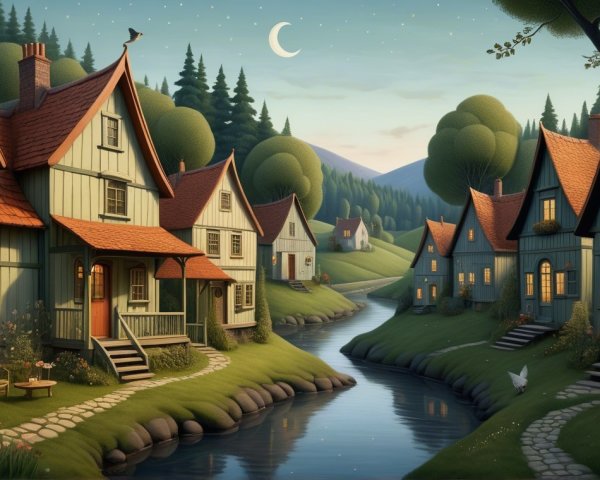 Tranquil Village Scene at Dusk with Colorful Houses
