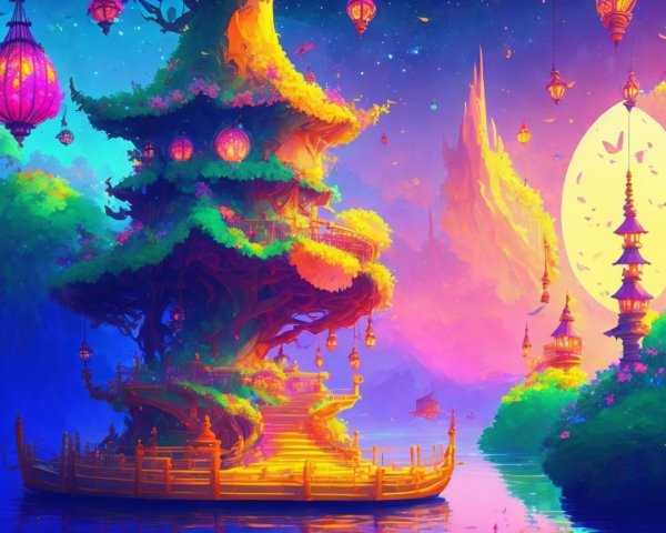 Fantasy Landscape with Majestic Tree and River