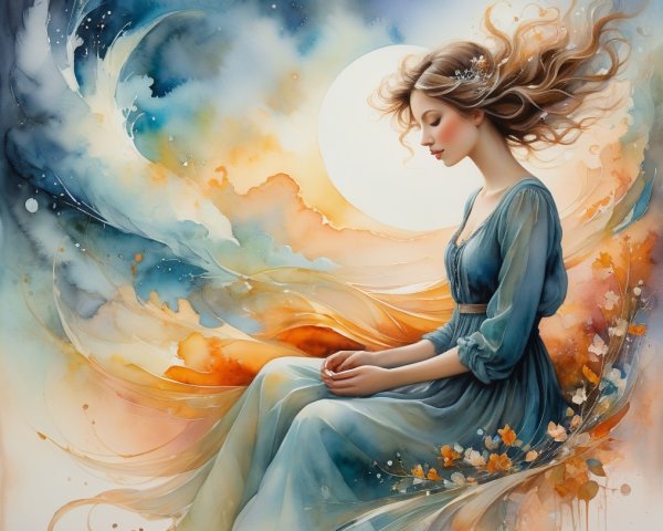 Young woman in blue dress with vibrant background elements