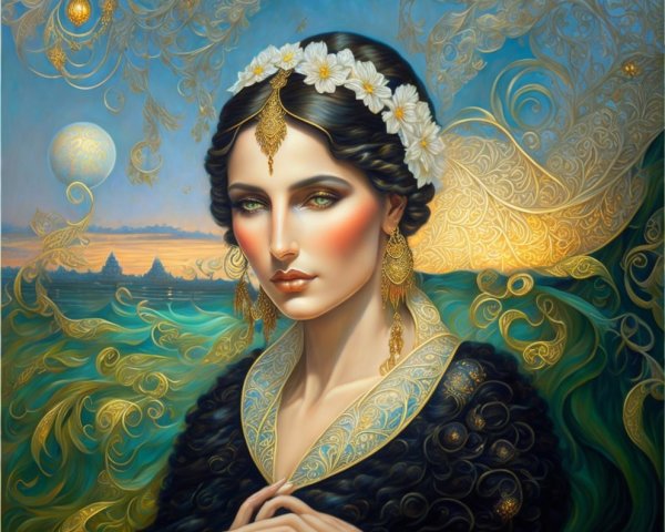 Serene Woman with Floral Headpiece and Sunset Landscape