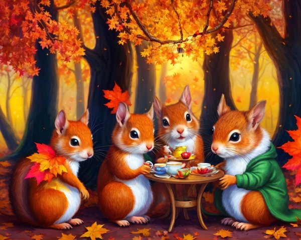 Autumn Forest Tea Party with Squirrels and Leaves