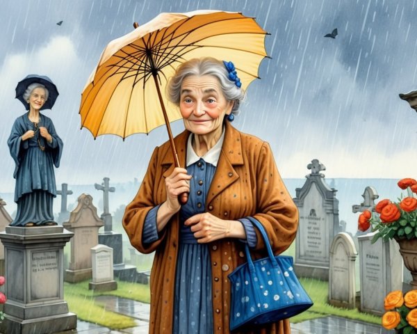Elderly Woman in Cemetery with Yellow Umbrella