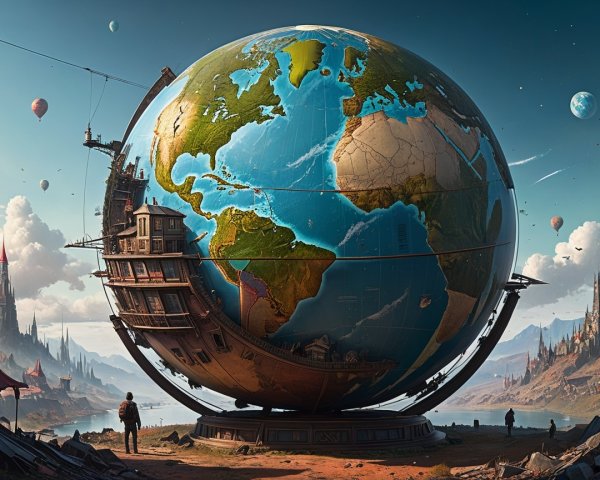 Colossal Globe with House Structure and Whimsical Landscape