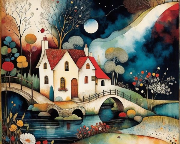Colorful Illustration of a Cozy House by a River