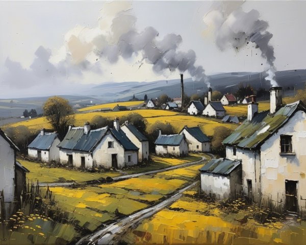 Serene Countryside with Cottages and Rolling Landscape