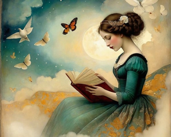Young woman in teal gown reading on a cloud