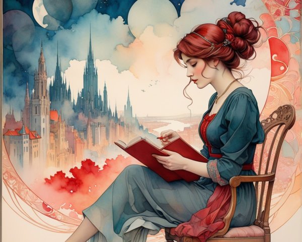Serene Woman Reading in a Dreamlike Cityscape