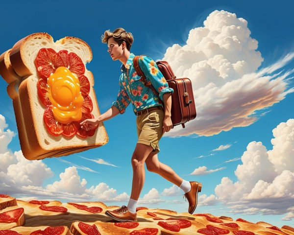 Young man in tourist attire on a toast landscape