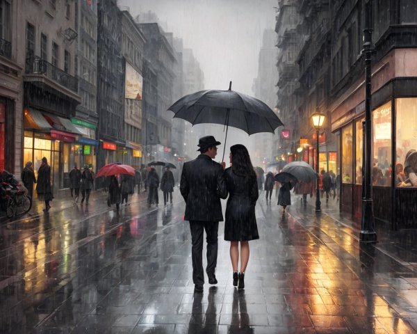 Rainy City Street Scene with Umbrella Sharing