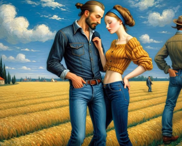 Couple in Wheat Field Under Bright Blue Sky