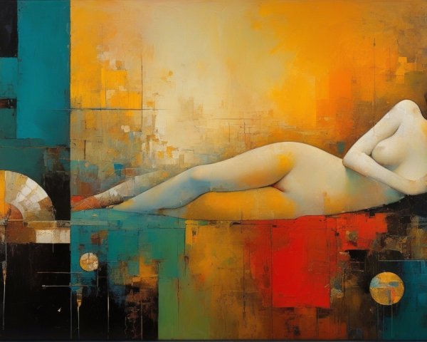 Cubist Painting of a Reclining Nude Woman in Colorful Landscape