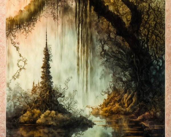 Mystical forest with spire structure and serene waters
