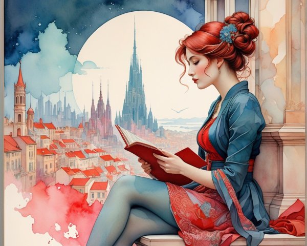 Young woman reading in a dreamy cityscape at night