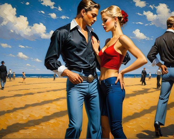 Romantic Couple in Retro Attire at Sunny Beach Scene