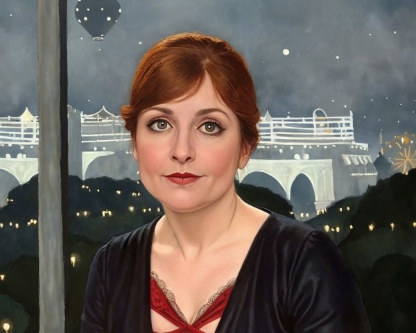 Auburn-haired woman in dark dress against night sky