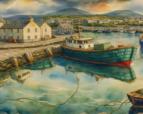 Tranquil Harbor Scene with Colorful Boats and Hills