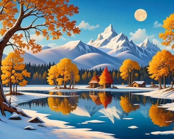 Tranquil Lake Surrounded by Autumn Landscape and Mountains