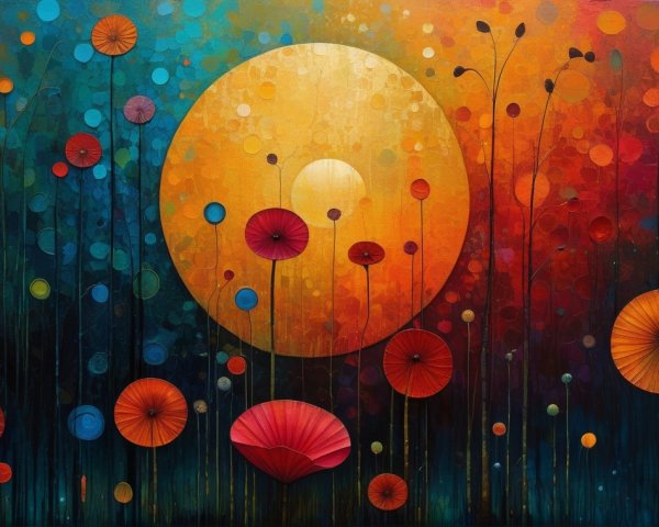 Vibrant Abstract Painting with Golden Sun and Colorful Dots