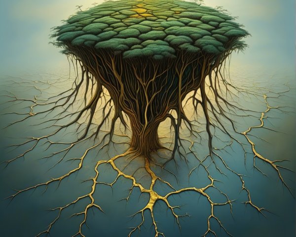 Surreal landscape with floating tree and reflective surface