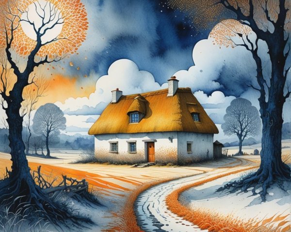 Thatched Cottage in Tranquil Seasonal Landscape