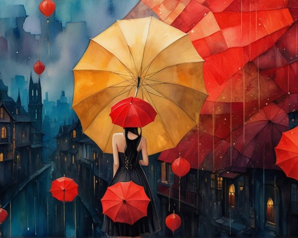 Woman in Black Dress with Yellow Umbrella at Dusk