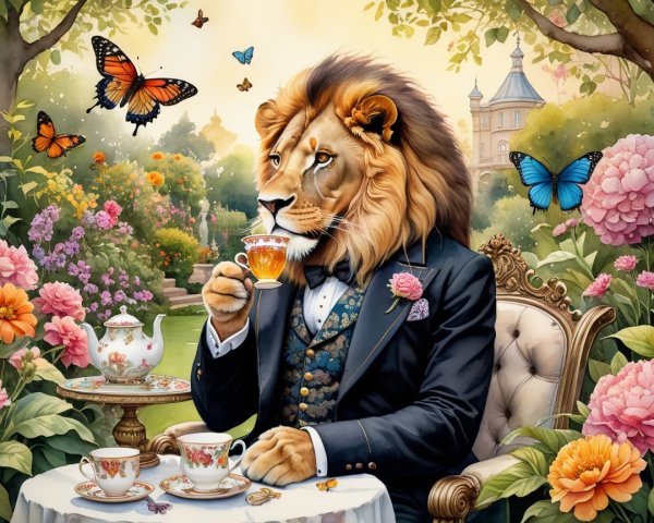 Lion in Formal Suit at Enchanting Garden Tea Party