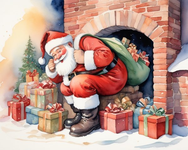 Santa Claus Descending Chimney with Gifts and Tree
