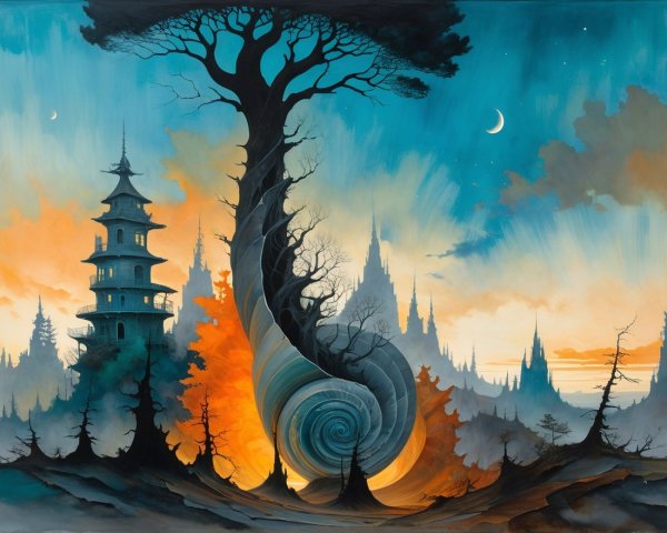 Surreal Landscape with Towering Tree and Castles