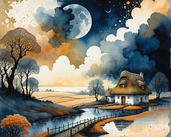 Serene landscape with cottage by calm river at twilight