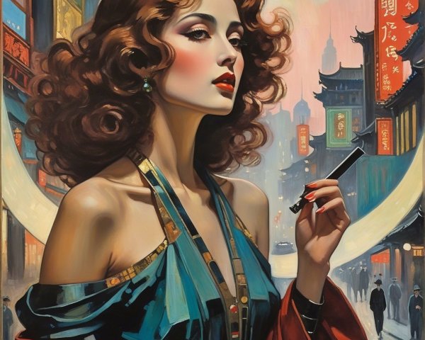 Glamorous Woman in Vibrant City with Neon Lights