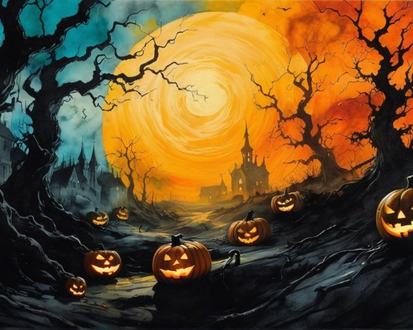 Spooky Halloween Landscape with Haunted Castle and Moon