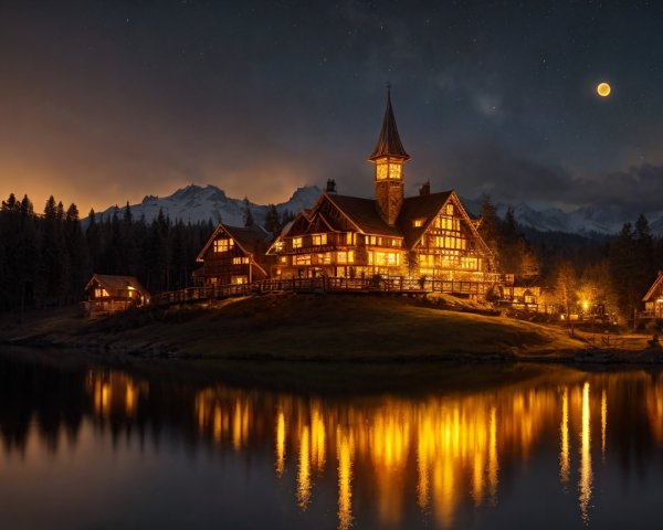 Wooden Lodge by Tranquil Lake Under Starry Sky