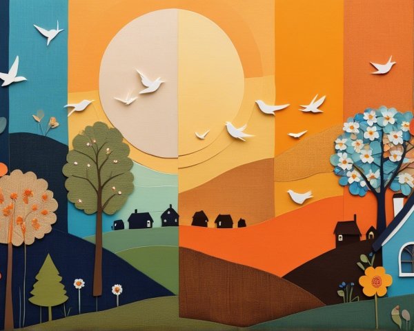 Vibrant Paper-Cut Landscape with Nature Elements
