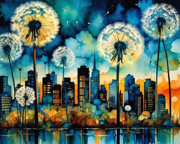 Vibrant City Skyline at Sunset with Dandelions