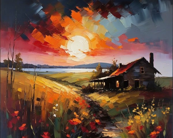 Serene Rural Landscape at Sunset with Farmhouse