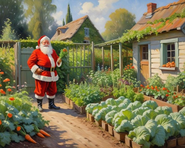 Santa Claus in a Garden with Orange Flowers and Carrots
