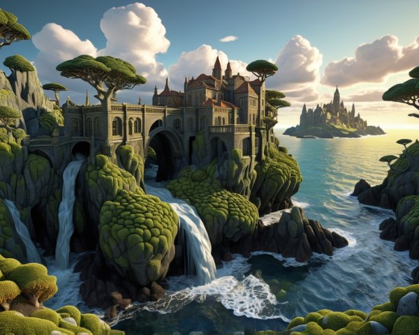 Majestic castle on green rocks with waterfalls and ocean