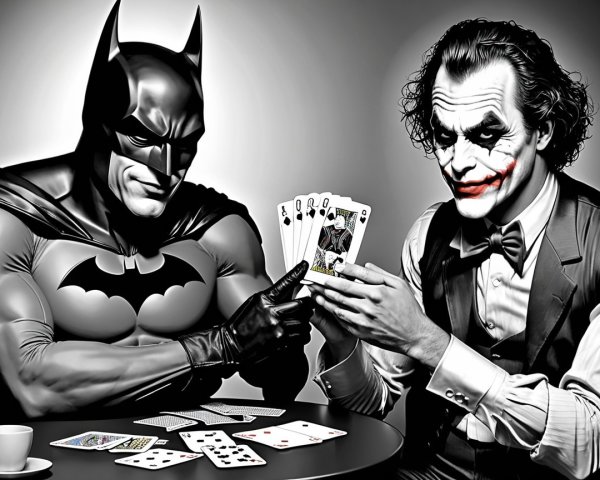 Batman and Joker Playing Cards in Black-and-White Scene