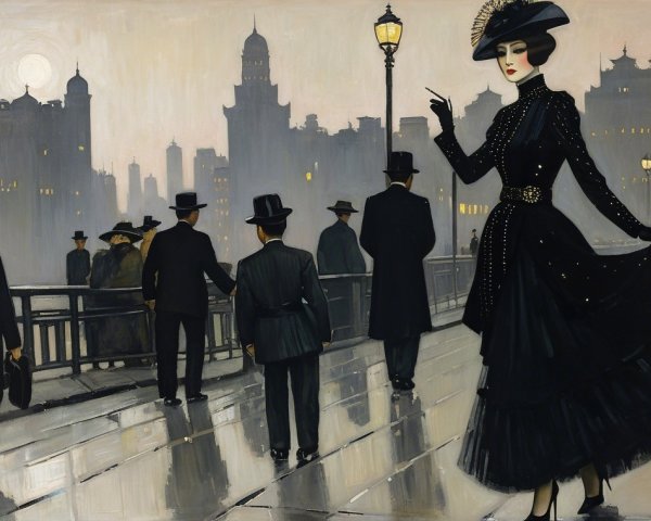 Fashionable Woman in Black Dress in Cityscape