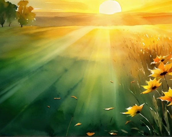 Serene Landscape with Golden Sunset and Vibrant Flowers