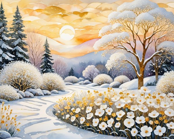 Watercolor of a winter landscape with flowers and sun