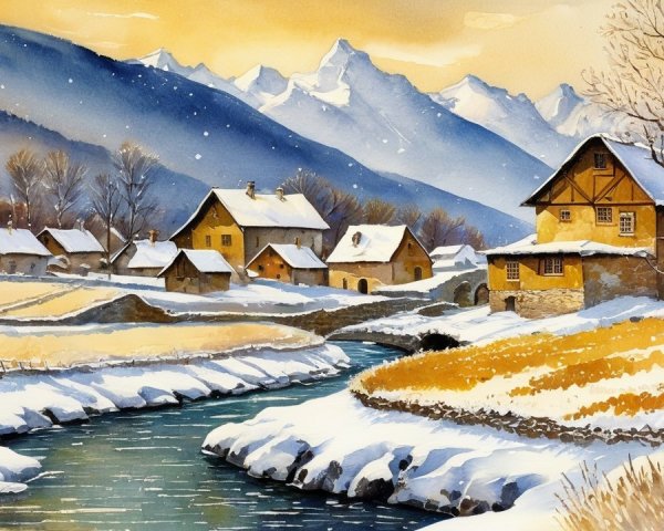 Watercolor Painting of a Winter Village Landscape