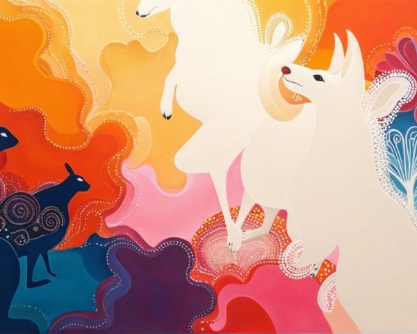 Whimsical Colorful Artwork with Animals and Floral Shapes