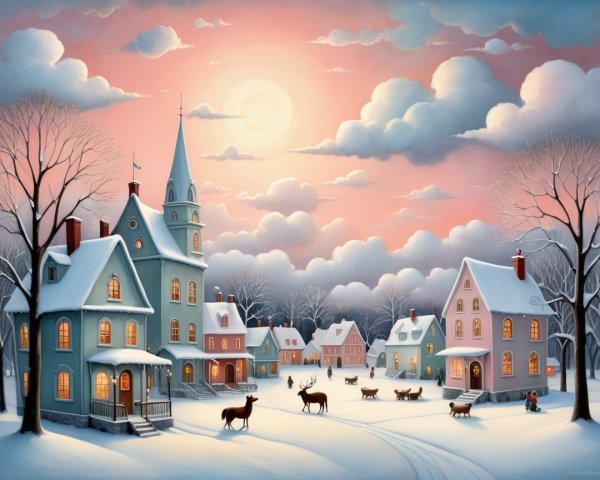 Winter Village Scene with Snow and Colorful Houses